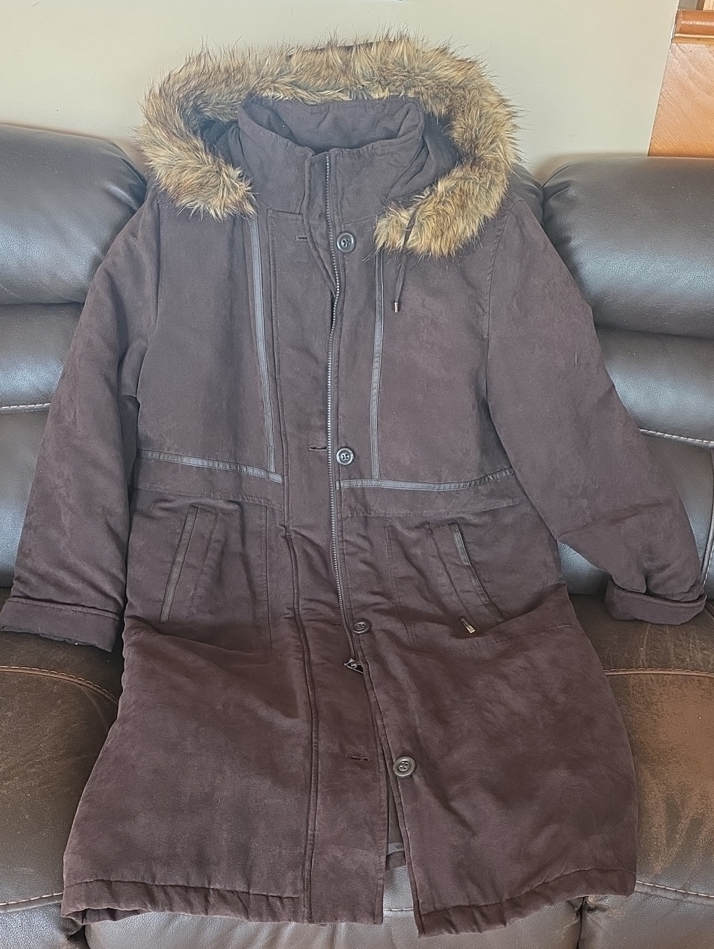 Liz Claiborne Dark Brown Faux-Fur Trim Trench Coat